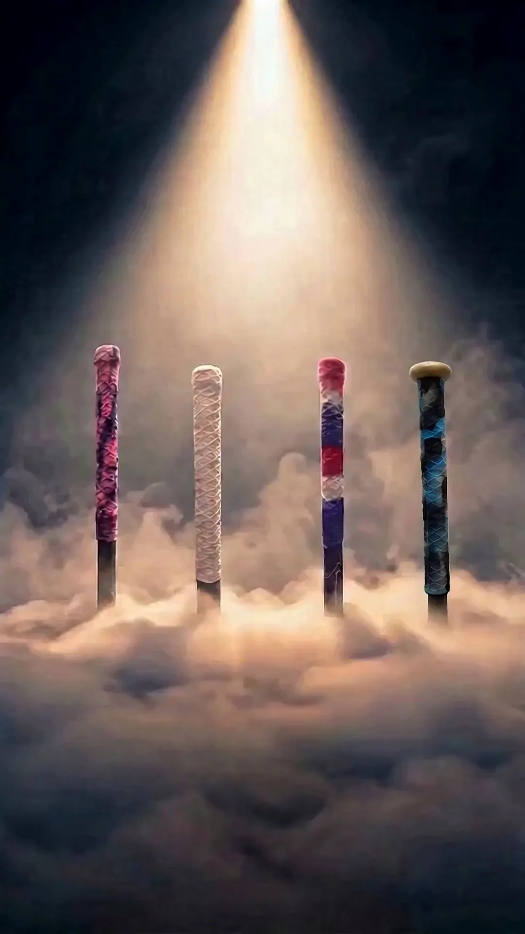 Lineup de bâtons habillés du grip Krazy Grip, chaque couleur, sur fond sombre